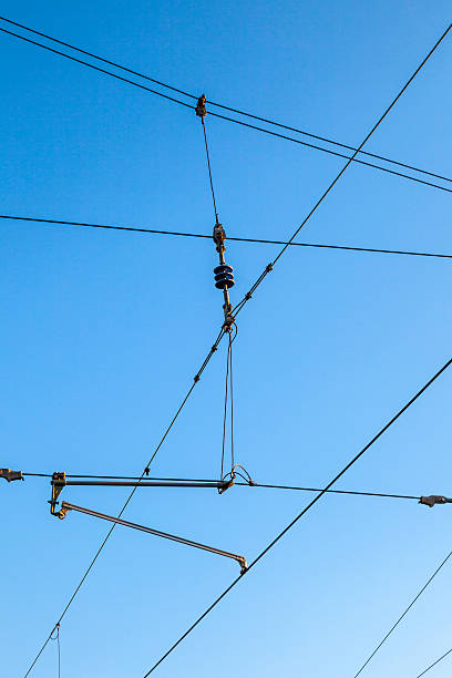 istock Railroad overhead lines against clear blue sky 178769591