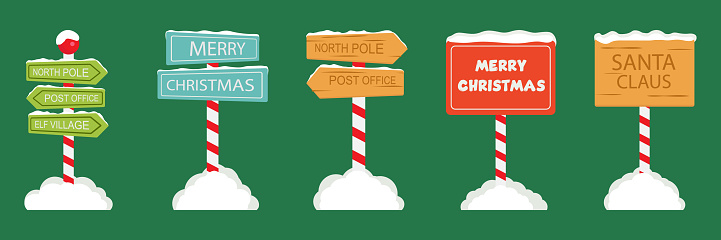 North Pole Signboards and Christmas Wooden Street Signs set in Snow, Winter Pointers with Garlands, Snow, and Striped Poles. Winter Holiday, Xmas Banners. Cartoon Vector Illustration.