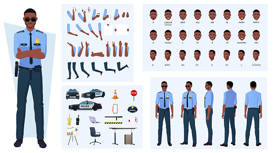 Black Policeman Character Constructor with Lip Sync, Emotions, Character Turnaround, Patrol Car and Gestures Vector Illustration