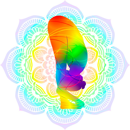 Colorful silhouette of Padangushthasana. Big Toe pose. Intermediate Difficulty. Isolated vector illustration on Mandala background.