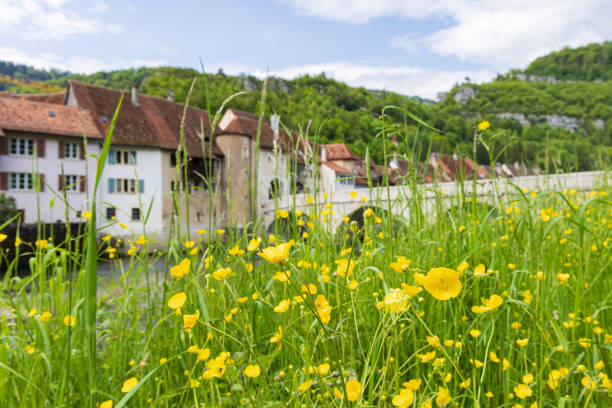 Cityscape with bridge crossing river Doubs in picturesque village Saint-Ursanne in canton Jura destrict Porrentruy in Switserland