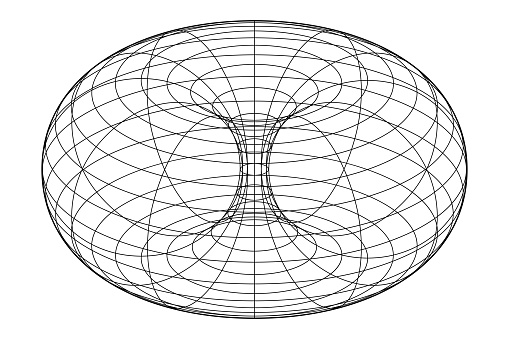 Wire-frame of a ring torus, also donut or doughnut. In geometry, a surface of revolution generated by revolving a circle in 3D space one full revolution about an axis that is coplanar with the circle.