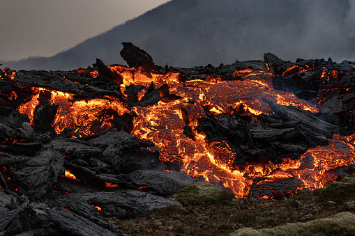 Flowing lava during a volcanic eruption Lilti-Hrútur in July, 2023.