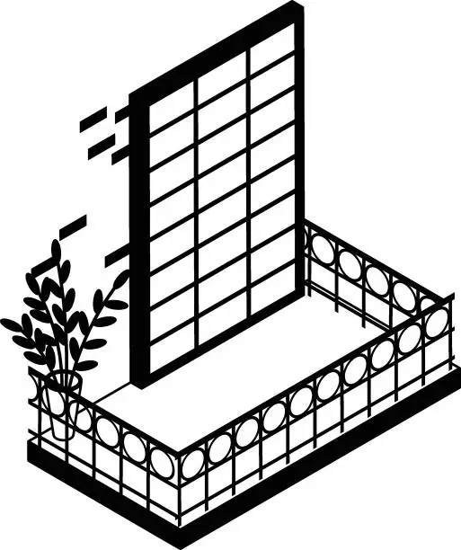 Vector illustration of Glass window wall grid of an office tower building isometric Concept Vector Icon Design, balcony and window front view symbol, House exterior  idea with vintage and classic balconies illustration