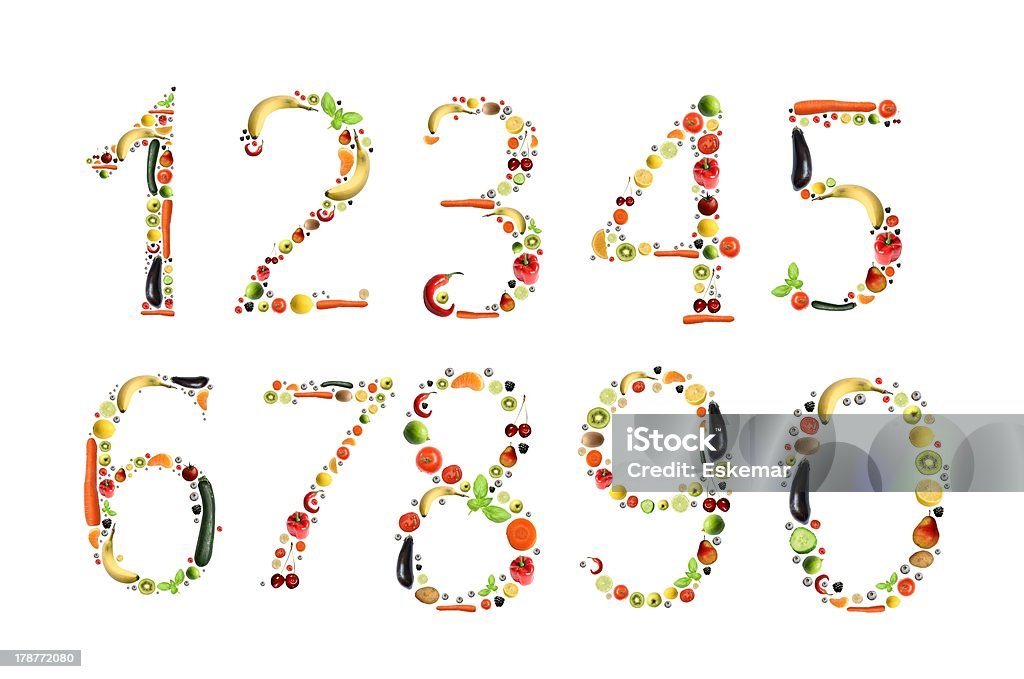 A series of fruit arranged into numbers made of fresh fruits and vegetables Number Stock Photo