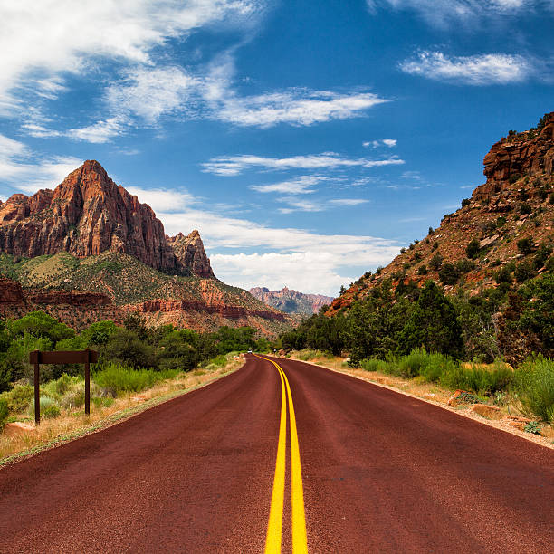 Empty road at aunset in Zion National Park in America