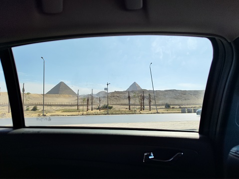 Pyramids seen from a car