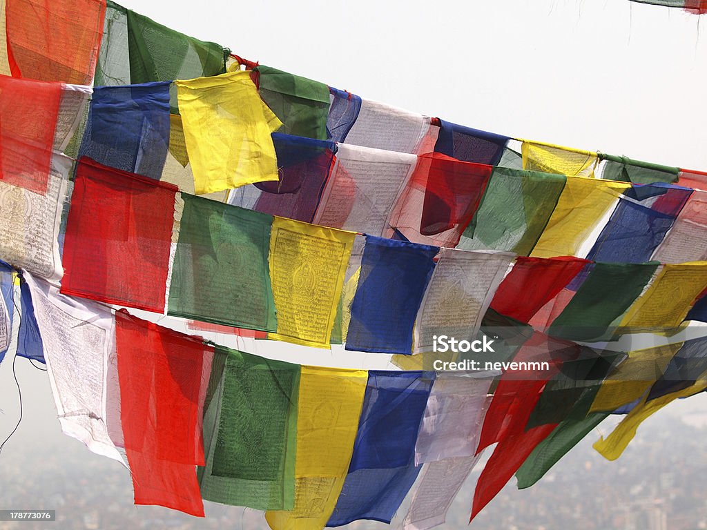 flags in Kathmandu flags in the sky over the Kathmandu, Nepal Architecture Stock Photo
