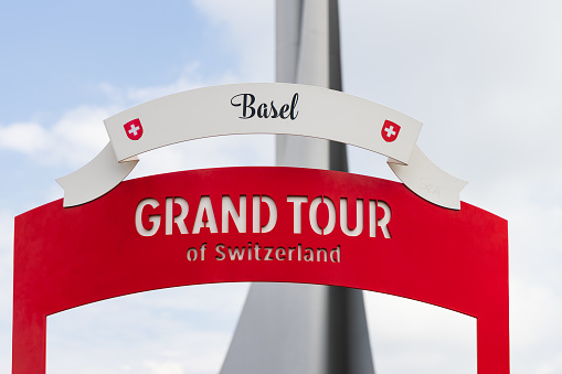 Basel, Switzerland - May 15, 2023: Three-country point of France, Germany and Switzerland in Rhine port of Basel Switzerland. Start of Grand tour of Switzerland.