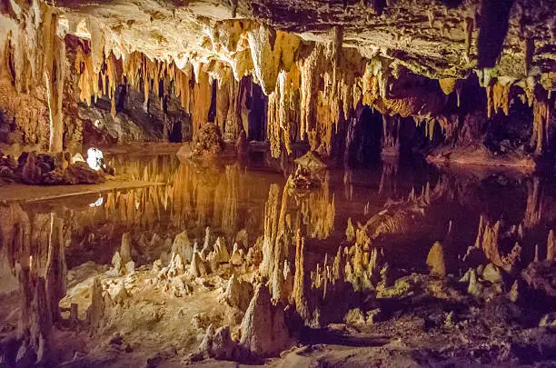 This is an image of Luray caverns in Virginia with stalactites above.