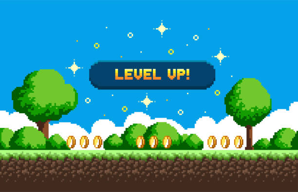 Pixel art game background with button level up. Game design concept in retro style. Vector illustration. Game screen pixel Pixel art game background with button level up. Game design concept in retro style. Vector illustration. Game screen pixel. video game banners stock illustrations