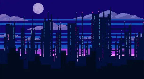 Vector illustration of Pixel art game background with city silhouette, stars and moon. Vector eps 10.