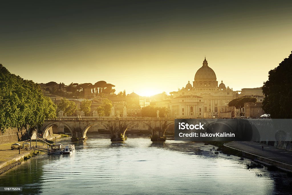 view on Tiber and St Peter Basilica in Vatican Architectural Dome Stock Photo