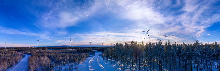 Panoramic view over windmills farm rising above winter pine tree forest in Northern Sweden. Bright Sun on blue sky, frosty winter day.