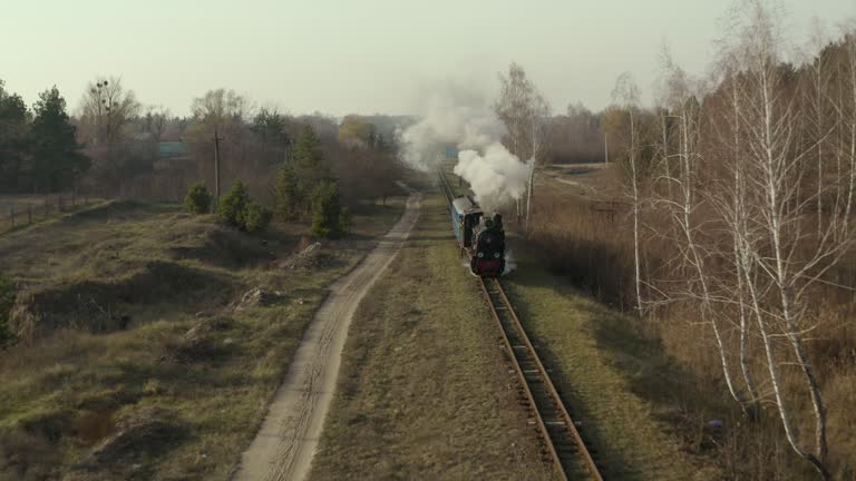 Aerial view of old steam train running on the tracks in the countryside