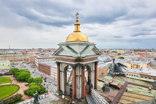 St. Petersburg, Russia - May 27, 2021: Belfry on the roof of St. Isaac's Cathedral, museum. Christian history. Monument of culture and architecture.