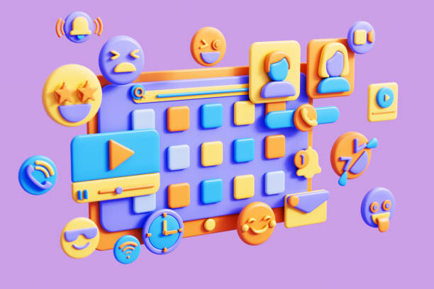 User Interface with 3D Icons. Social Network and Online Communication Concept.
