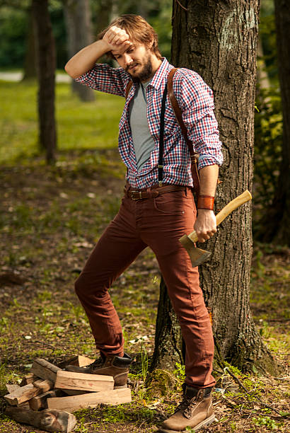 Lumberjack Taking A Break Stock Photo - Download Image Now - Adult