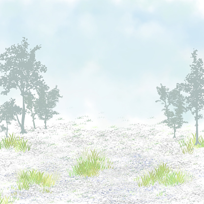 Winter meadow with trees in the background Imaginary view, illustration.