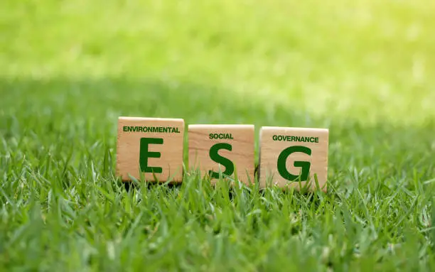 Photo of ESG text on wooden dice and real green grass earth globe with sunshine and shadow in the natural garden background for environmental concept ,social and corporate governance impact investing.