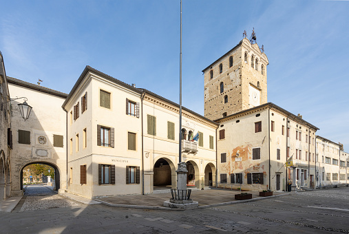 Portobuffolè, Italy. November 9, 2023. external view of the municipality building in the center of the town