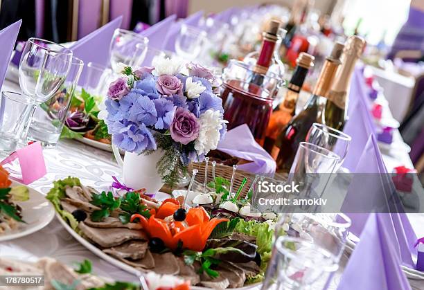 Wedding Table Decorations With Food And Beverages Stock Photo - Download Image Now - Alcohol - Drink, Appetizer, Arrangement