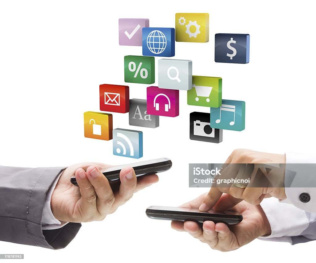 Touch screen mobile phone of cloud application icon Brainstorming Stock Photo