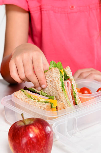 enfant enlever wholemeal sandwich de boîte repas - child human hand sandwich lunch box photos et images de collection