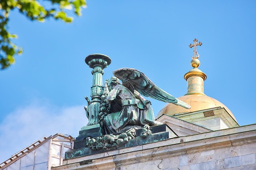 Saint PETERSBURG, Russia - May 27, 2021: Sculptures of the facade of St. Isaac's Cathedral, museum. Christian history. Monument of culture and architecture.