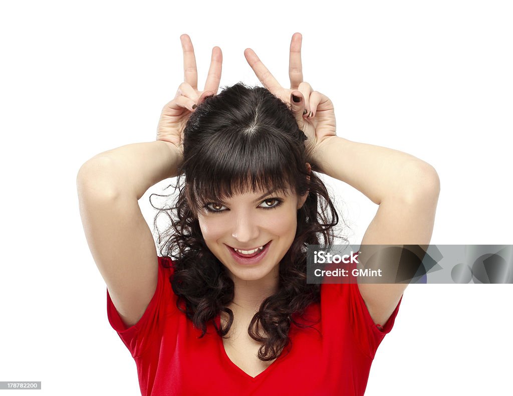Grimacing.Funny mulher dando mão sign.White fundo - Royalty-free 20-24 Anos Foto de stock