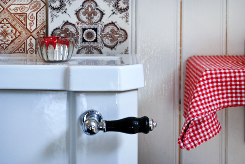 Antique toilet flush handle and red gingham cloth on shelf. Antique tiles can be seen in the background