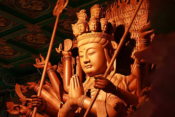 Golden Wood Statue of Guan Yin with 1000 hands