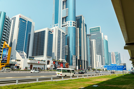 Dubai, United Arab Emirates - June 21, 2023: Sheikh Zayed Road with cars in Dubai