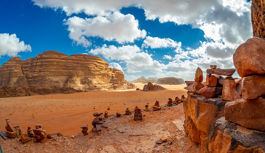 Beautiful mountain scenery in the mountain desert in Wadi Rum, Jordan