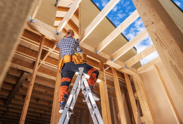 istock Contractor Worker Inside Newly Built Wooden House Frame Finishing Some Elements 1787874136