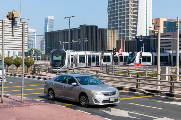 Dubai, United Arab Emirates - October 11, 2023: Moving tram in Dubai Marina