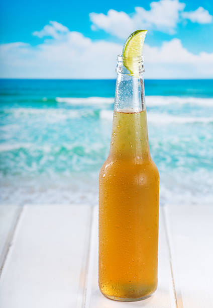 istock Bottle of beer with lime wedge against ocean background 178787804