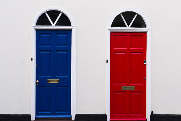 Blue and red doors blue and red doors blue house red door stock pictures, royalty-free photos & images