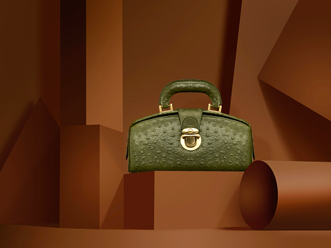 Still life photo of a chic handbag in colored background with geometric blocks