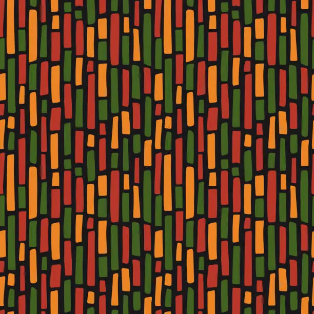 Vector illustration of Abstract Kwanzaa, Black History Month, Juneteenth seamless pattern with hand drawn vertical lines in traditional African colors - black, red, yellow, green. Vector tribal ethnic background design.