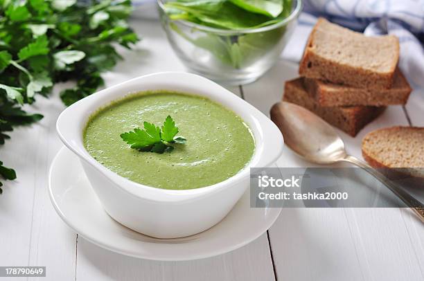 Spinach Soup Stock Photo - Download Image Now - Bowl, Bread, Color Image