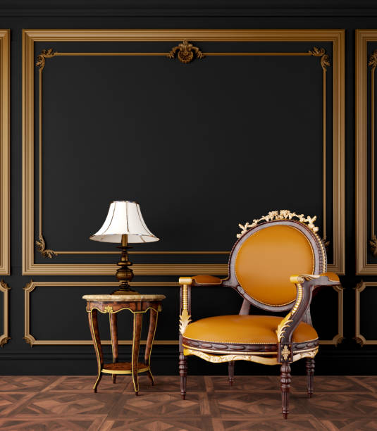 istock Classic style yellow chair with gold element in black living room.3d rendering 1787925332