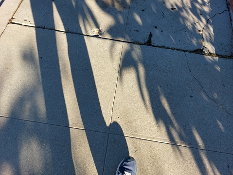 The shadow of my legs seem long in the morning light, walking in my blue suede shoes.