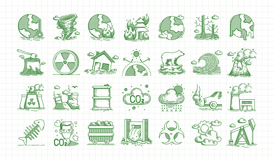 Climate Change Hand Drawn Vector Doodle Line Icon Set. Deforestation, Drought, Ecosystem, Environment, Ecology, Global Warming, Save The Planet.