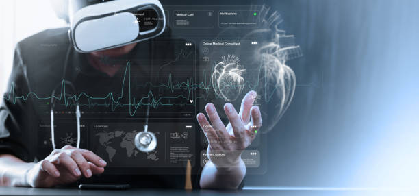 istock Cardiologist doctor examine patient heart functions and blood vessel on VR virtual interface. Medical technology and healthcare treatment to diagnose heart disorder with computer AI. 1787935074