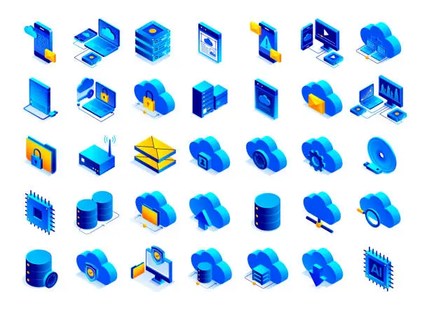 Vector illustration of Vector Illustration of Cloud Service Isometric Icon Set and Three Dimensional Banner Design. Cloud, Cloud Computing, Cloud Technology, Data, Data Server, Server, Network, Upload, Download.