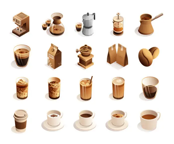 Vector illustration of Vector Illustration of Coffee Isometric Icon Set and Three Dimensional Design. Coffee, Americano, Espresso, Latte, Mocha, Cafe, Coffee Break, Drink, Frappuccino, French Press, Barista.