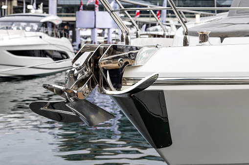 Closeup luxury yacht Anchor at harbour, background with copy space, full frame horizontal composition