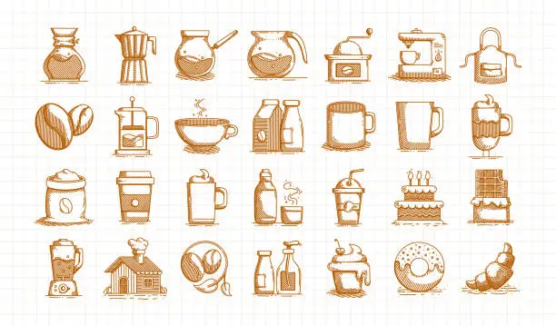 Vector illustration of Coffee Hand Drawn Vector Doodle Line Icon Set. Cafe, Espresso, Americano, Coffee Break, Coffee Maker, Coffee Shop.