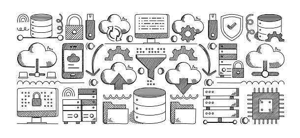 Cloud Computing Hand Drawn Vector Doodle Line Icon Set. Big Data, Cloud Technology, Cloud Service, Data, Data Center, Server, Internet, Network, Upload, Download.